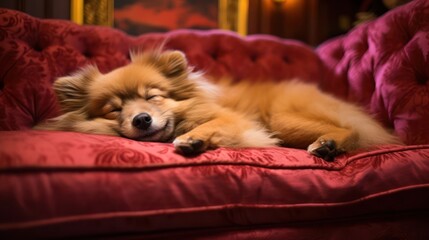 Pomeranian dog peacefully asleep on a plush and cozy sofa
