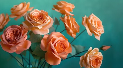 Elegant handmade paper roses in shades of orange and pink arranged in a vase against a vibrant teal backdrop.