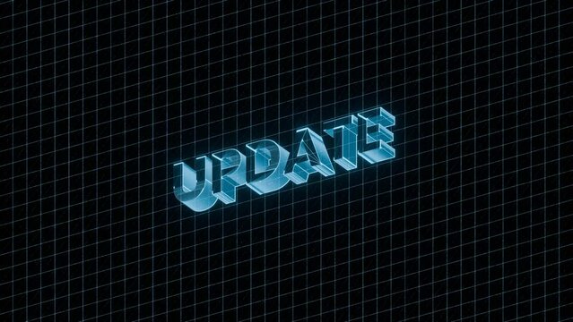 3D-rendered "UPDATE" text emerges against a futuristic grid background with glitch effects. It transforms into a blue glowing holographic effect with flashing animation, futuristic technology.