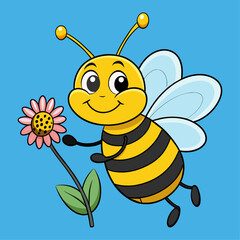 Adorable Bee Cartoon with Flower. Cheerful Bee Character Holding Flower. Sweet Honey Bee with Floral Bloom