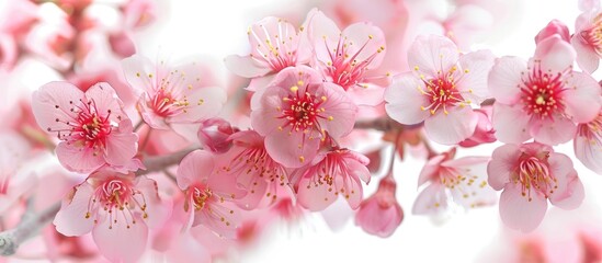 Cherry blossoms, sakura blooms set against a white backdrop