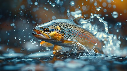 Fish above water catching bait. Panoramic banner with copy space.Jumping Rainbow trout (Oncorhynchus mykiss), Port Hope, Ontario, Canada