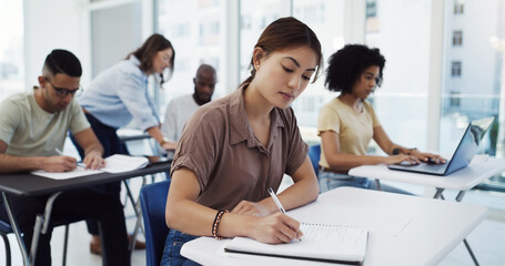 Woman, students and writing with test in classroom for exam, study or assignment at university....