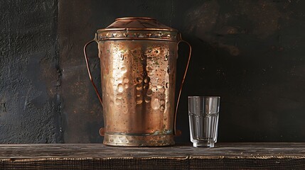 A copper water holder and a glass