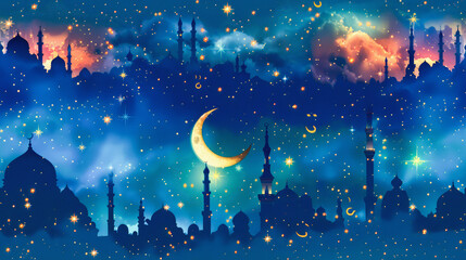 A dreamy nightscape with silhouettes of mosques, minarets, stars, crescent moon, and clouds blending into a cosmic starry sky.