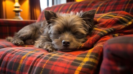 Staffordshire Bull Terrier dog peacefully asleep on a plush and cozy sofa