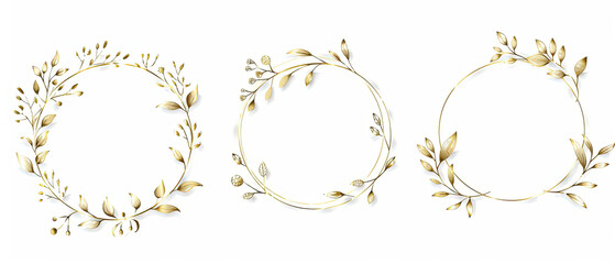 three gold frames with leaves and branches on a white background - obrazy, fototapety, plakaty