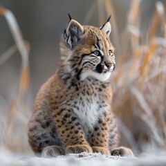 Eurasian lynx (Lynx lynx) sitting on snow