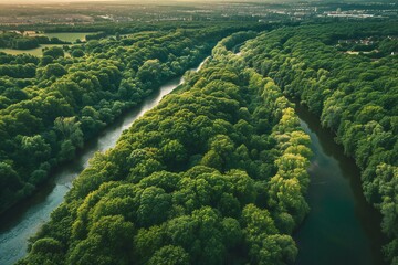 Aerial view of the green forest and the river,  Drone photography