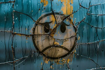 Smiley face painted on a rusty metal surface with blue and yellow paint