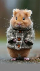 Stylish hamster navigates city streets with tailored finesse, embodying street style. The realistic urban backdrop frames this fashionable rodent, seamlessly merging small-scale charm with contemporar