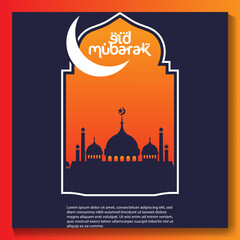 Eid mubarak poster with a crescent moon and a mosque Eid poster.