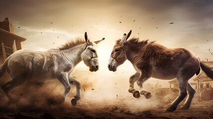 a painting of two horse battle equestrian showdown confrontation with blurred background - obrazy, fototapety, plakaty