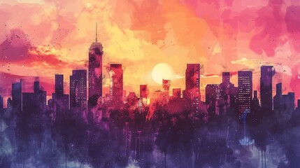 Watercolor painting of imaginary buildings in a big city in the morning. Use for wallpaper, posters,
 postcards, brochures. - obrazy, fototapety, plakaty