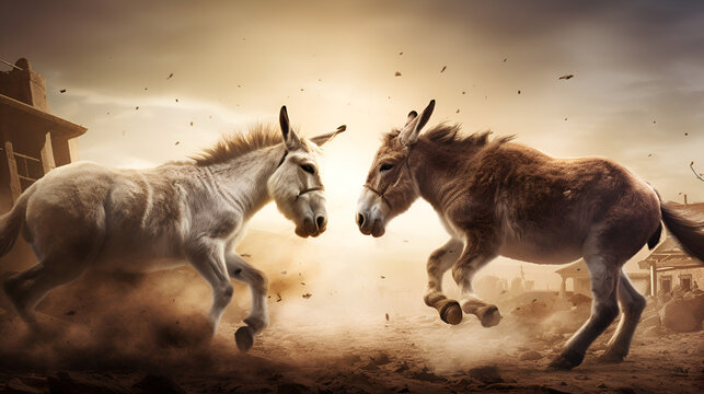 a painting of two horse battle equestrian showdown confrontation with blurred background