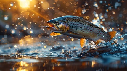 Fish above water catching bait. Panoramic banner with copy space.Jumping Rainbow trout (Oncorhynchus mykiss), Port Hope, Ontario, Canada
