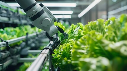 Automatic agricultural technology with closeup View Of robotic arm harvesting lettuce in vertical hydroponic plant