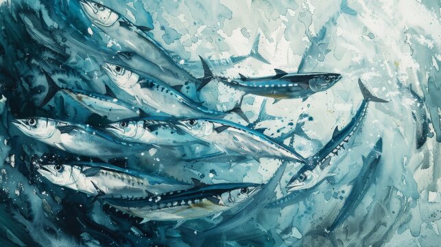 Mackerel has a forked tail and finely scaled skin. The body is silver and shiny. The body is slender and
 round like a cylinder. Watercolor painting. Use for wallpaper, posters.