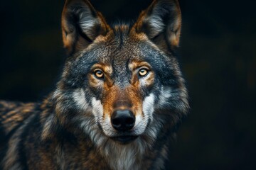 Naklejka na ściany i meble Portrait of a wolf on a dark background, Close-up