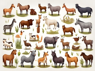 Amazing Illustration Art Cartoon Cute wild animals collection: farm animals, wild birds, marina birds isolated on white background. Illustration design template