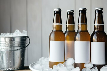 Beer bottles in ice bucket on wooden background,  Copy space for text