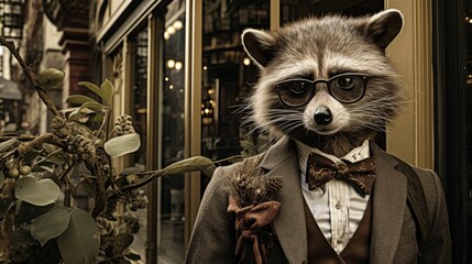 Imagine a dapper raccoon in a tweed blazer, complete with a bowler hat and a vintage pocket watch. Amidst a backdrop of city streets, it exudes old-world charm and urban elegance. The vibe: timeless a