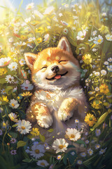 A lovely, cute, and happy Shiba dog on flowers