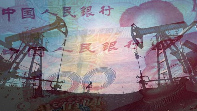 Petroyuan | Oil rigs pumping crude oil with Chinese currency yuan banknote in the background | 4k video
