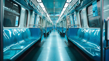 iside of a metro train,pastle blue theme