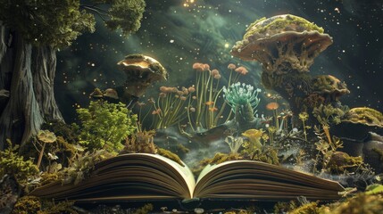 Alien flora and floating islands rise from open book, visualizing extraterrestrial nature and fantasy