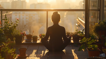 Girl meditating on the balcony in the early morning. v4