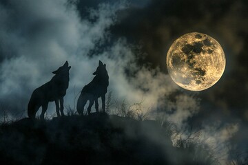 Wolf howling at the full moon in the night sky, render