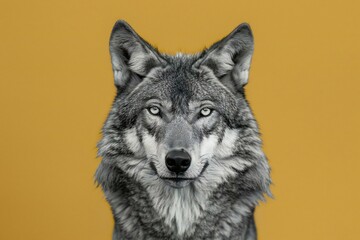 Portrait of a gray wolf on a yellow background in the studio