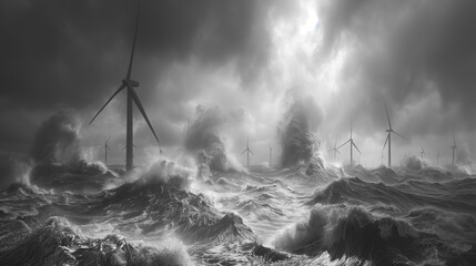 Dramatic stormy weather threatens a wind farm.  - obrazy, fototapety, plakaty