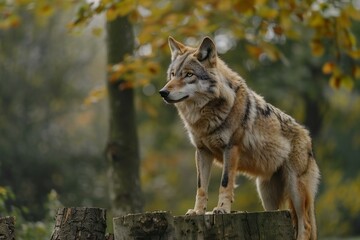 A wolf standing on a wooden post in an autumnal forest