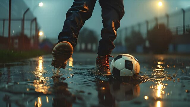 Teenagers foot kicking a soccer ball on rain saturated ground backlit by floodlights during twilight. Pushing shot in slow motion freezing the action.