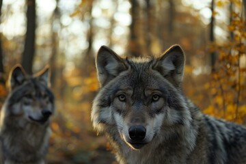 Grey wolf (Canis lupus) in the autumn forest