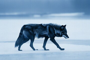 Black wolf walking on ice in winter forest,  Wildlife scene from nature - obrazy, fototapety, plakaty