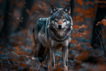 Portrait of a wolf in the autumn forest on a dark background