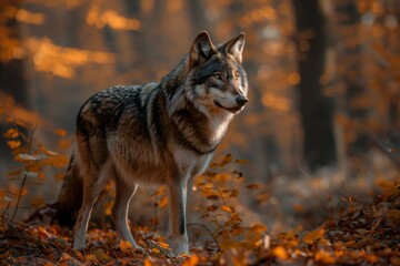 Grey wolf in the autumn forest,  Canis lupus sign