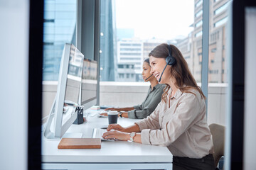 Contact us, call center and telemarketing of business woman with web help conversation at computer....