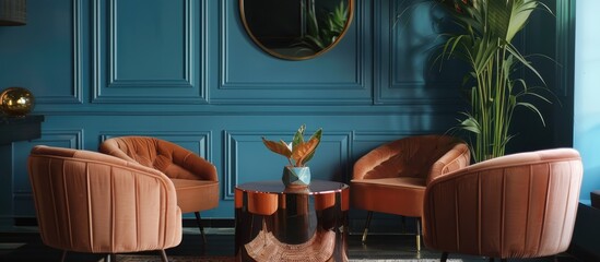 A copper table is situated amidst armchairs and a sofa in a blue living room setting, featuring a mockup and a mirror. This is a genuine photograph.