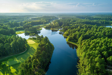 Fototapeta na wymiar Aerial photograph of forest and golf course with lake