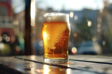 Glass of beer on the table in a pub,  Selective focus - obrazy, fototapety, plakaty