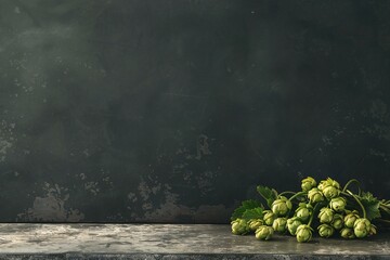 Green hop cones on dark background with copy space,  Beer brewing concept