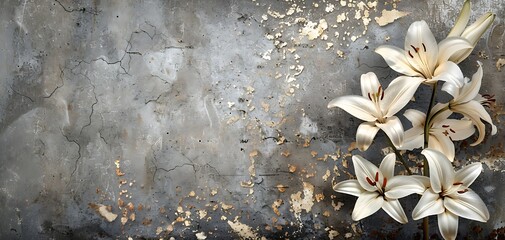 The juxtaposition of elegance and ruggedness with a real photo featuring delicate white lilies against an old concrete wall adorned with gold elements.