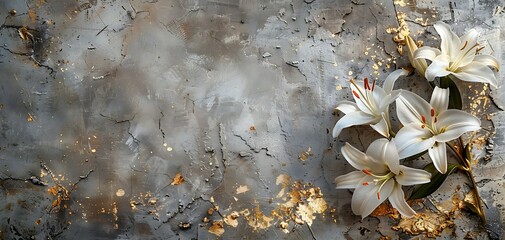 The juxtaposition of elegance and ruggedness with a real photo featuring delicate white lilies against an old concrete wall adorned with gold elements. - obrazy, fototapety, plakaty