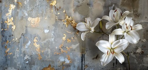 The juxtaposition of elegance and ruggedness with a real photo featuring delicate white lilies against an old concrete wall adorned with gold elements. - obrazy, fototapety, plakaty