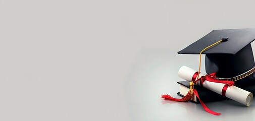 Commemorate the milestone of graduation with a captivating web banner showcasing a graduation mortar hat and degree, elegantly displayed against a white panoramic background