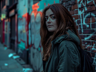 Obraz premium Young adult woman portrait with a city scene background.